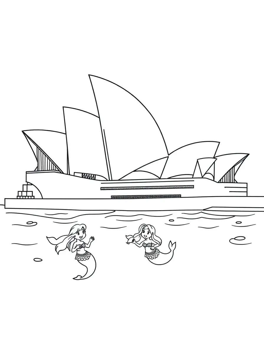 The Sydney Opera House with little happy mermaids playing in the water.