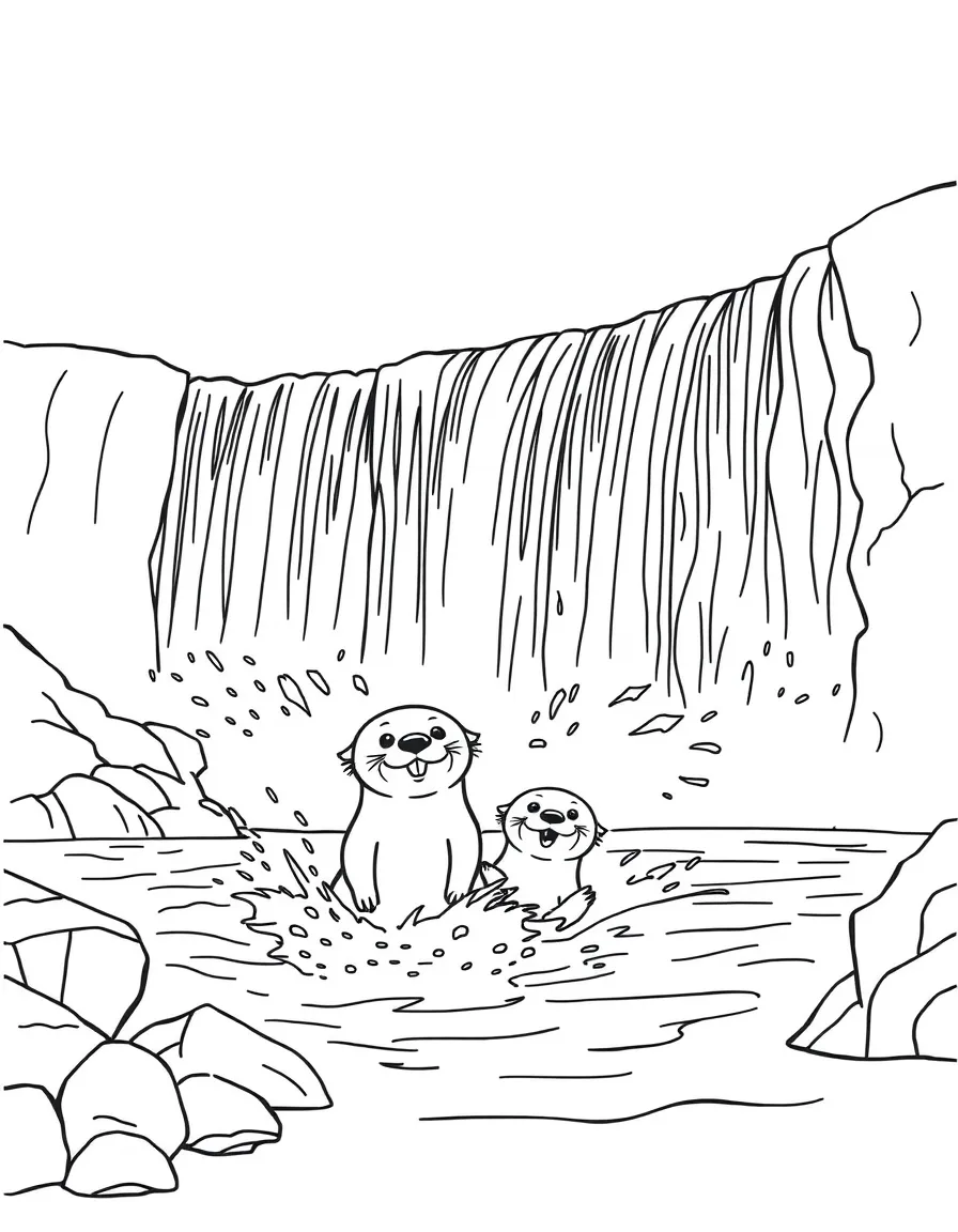 Niagara Falls with little happy otters playing in the spray.