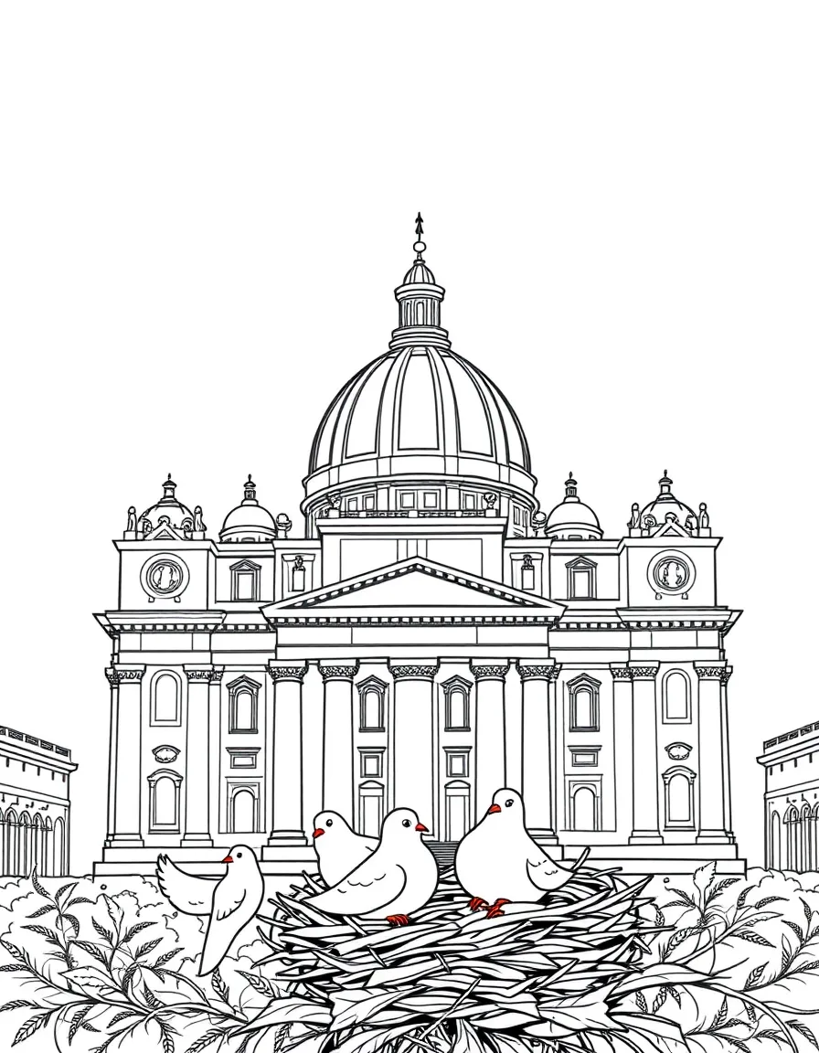 The Vatican City (St. Peter's Basilica) with little happy doves building nests.