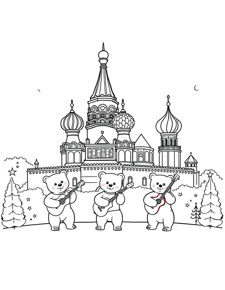 The Kremlin with little happy bears playing musical instruments.