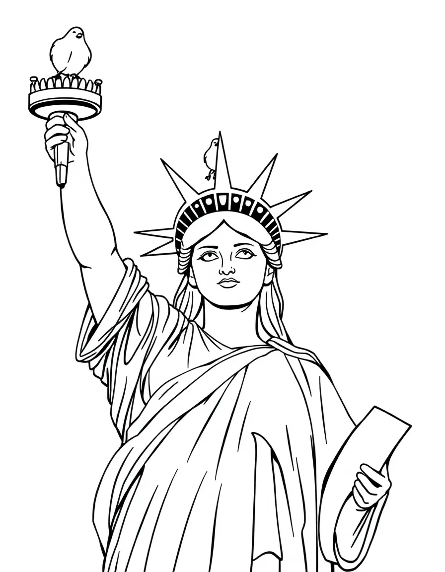 The Statue of Liberty with happy little birds perched on her crown.
