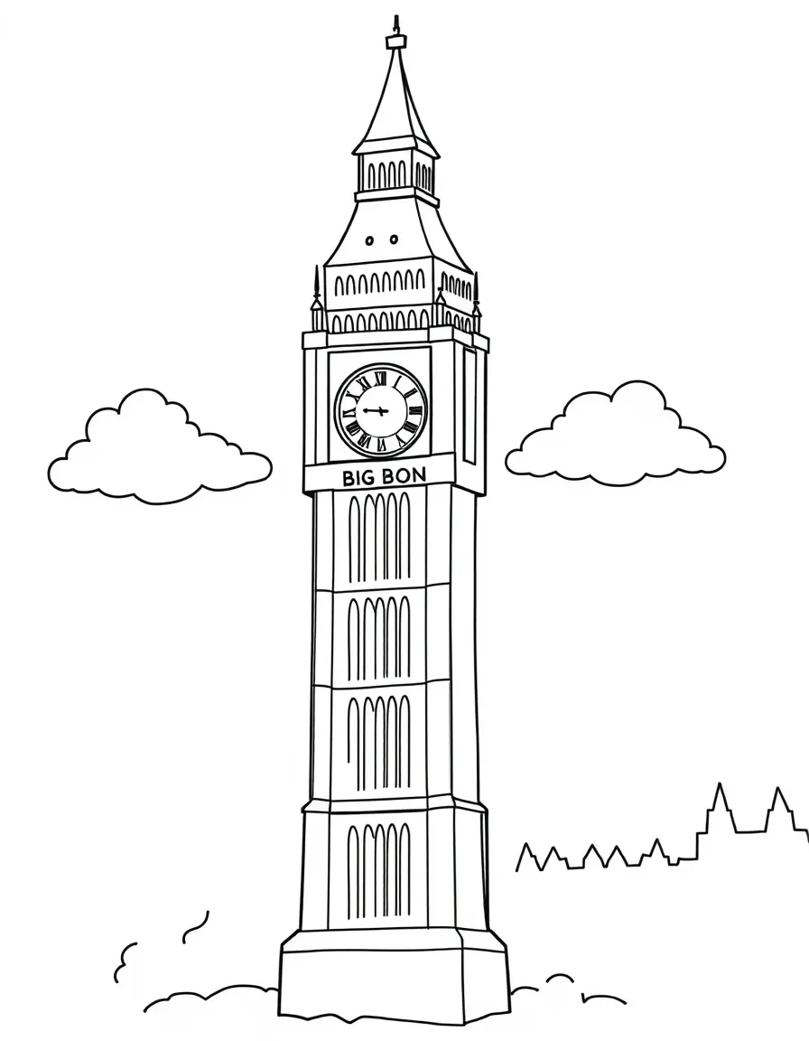 Big Ben with happy little clouds shaped like numbers.