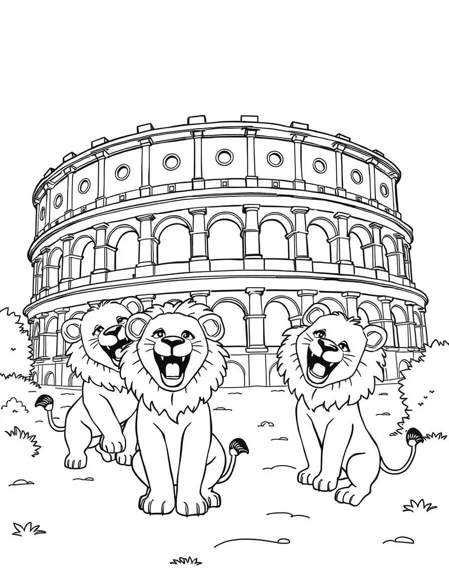 The Colosseum with happy little lions roaring playfully.