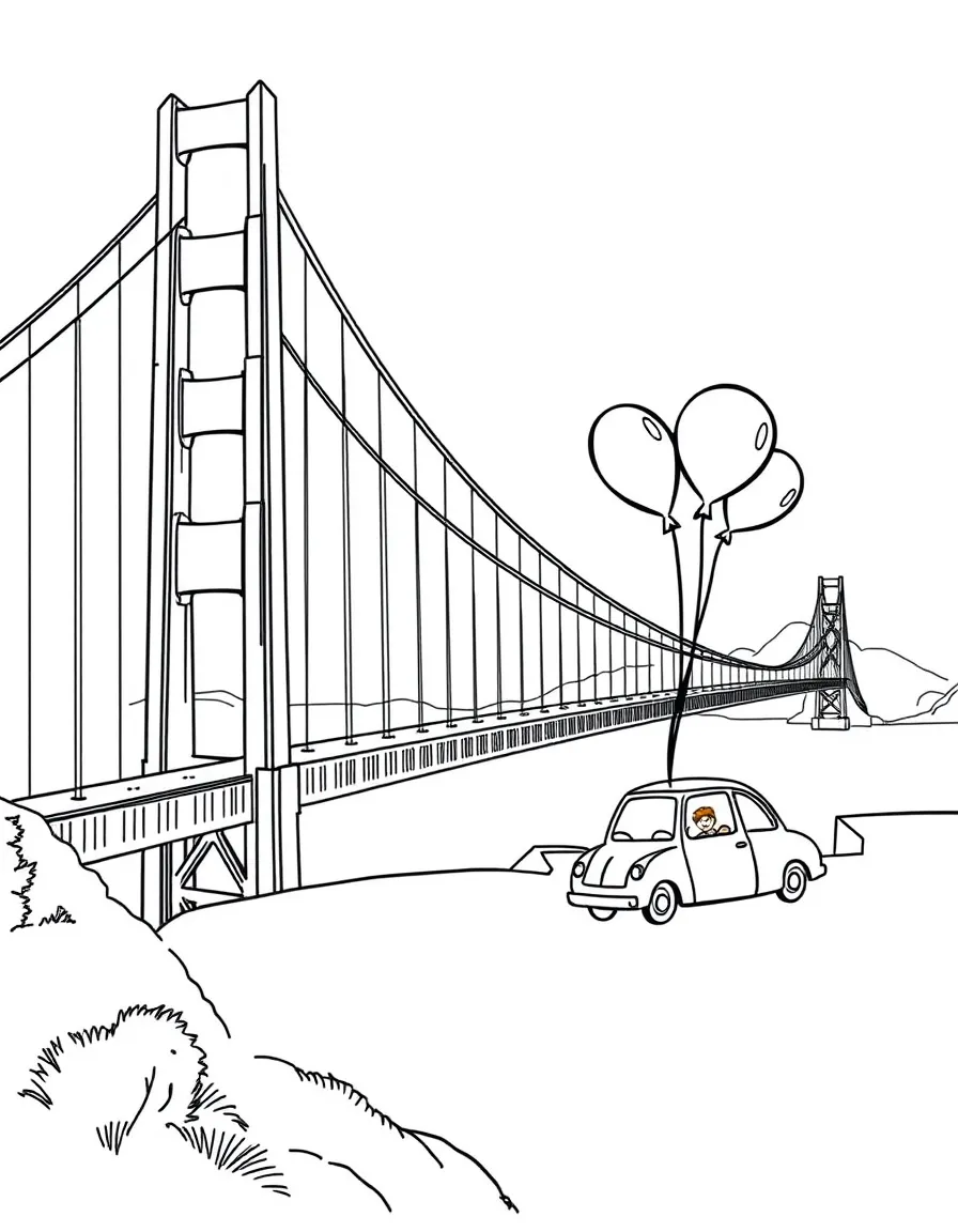The Golden Gate Bridge with happy little cars carrying balloons.