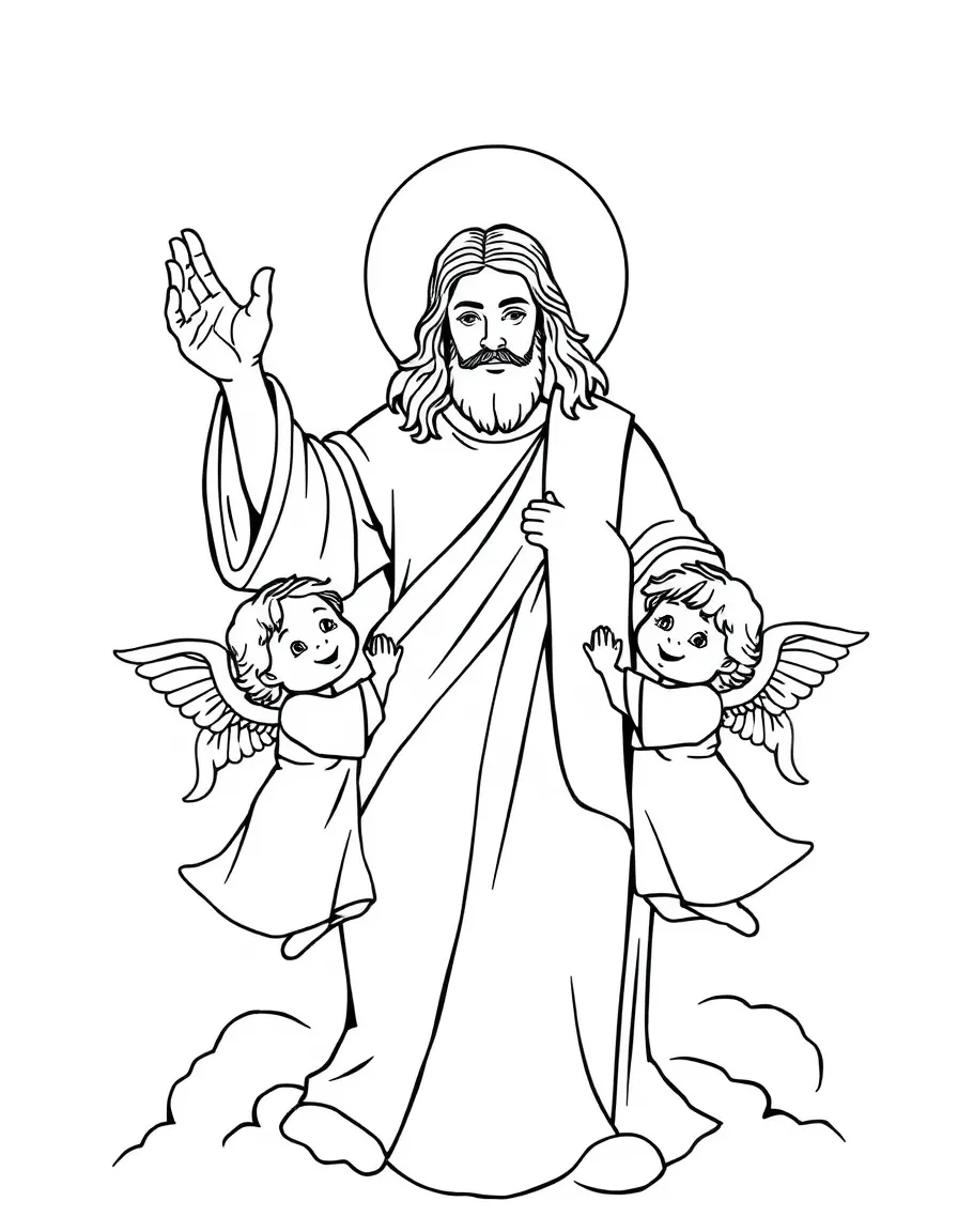 Christ the Redeemer with happy little angels drawing pictures.
