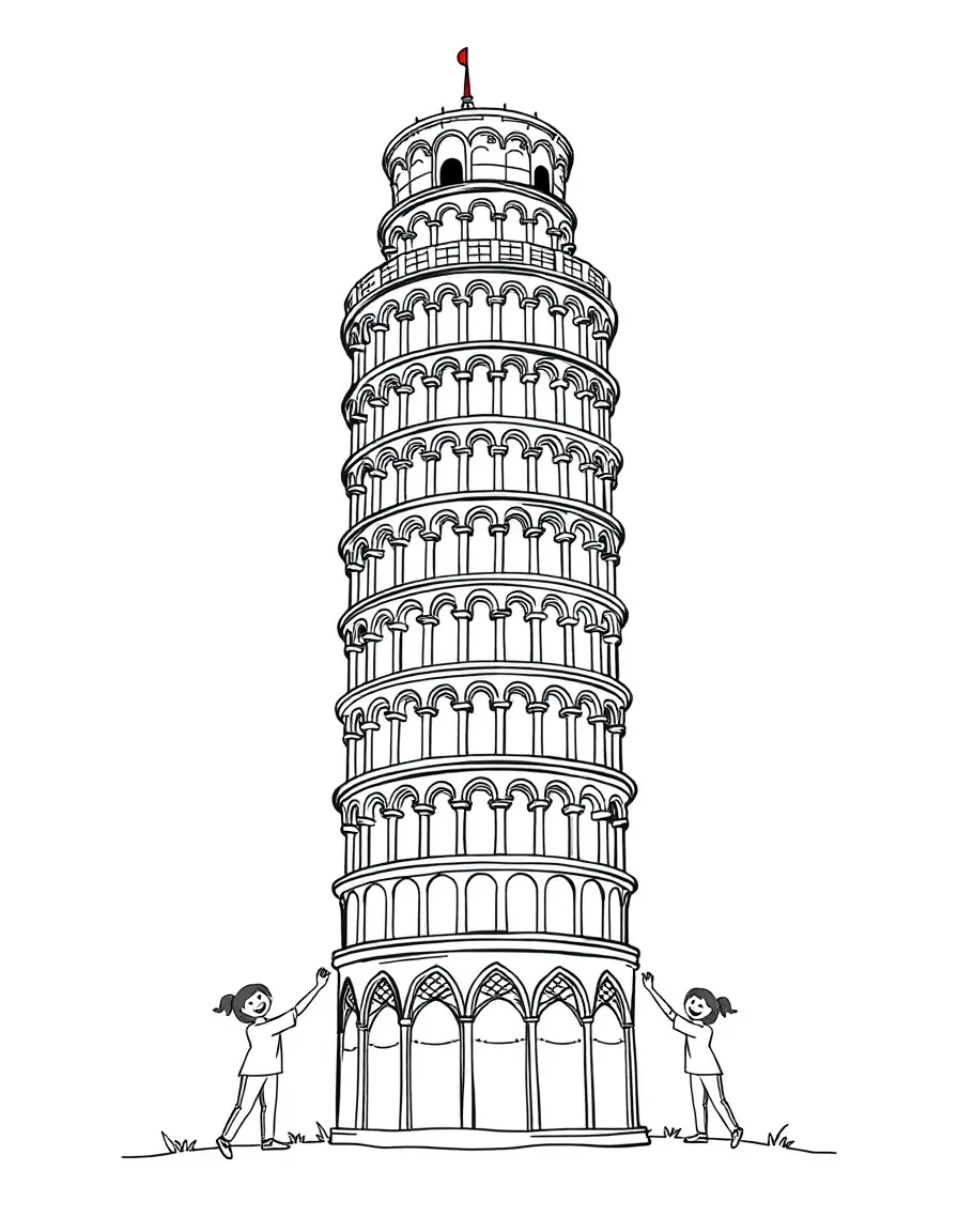 The Leaning Tower of Pisa with happy little people holding it up.