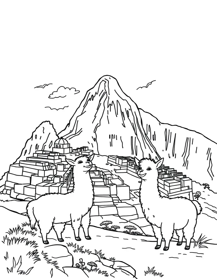 Machu Picchu with happy little llamas telling jokes.