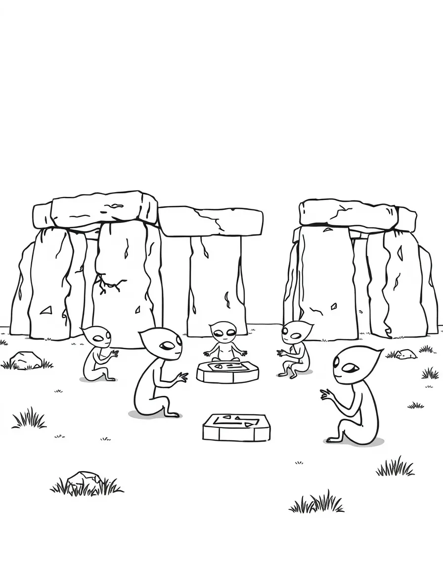 Stonehenge with happy little aliens playing games.