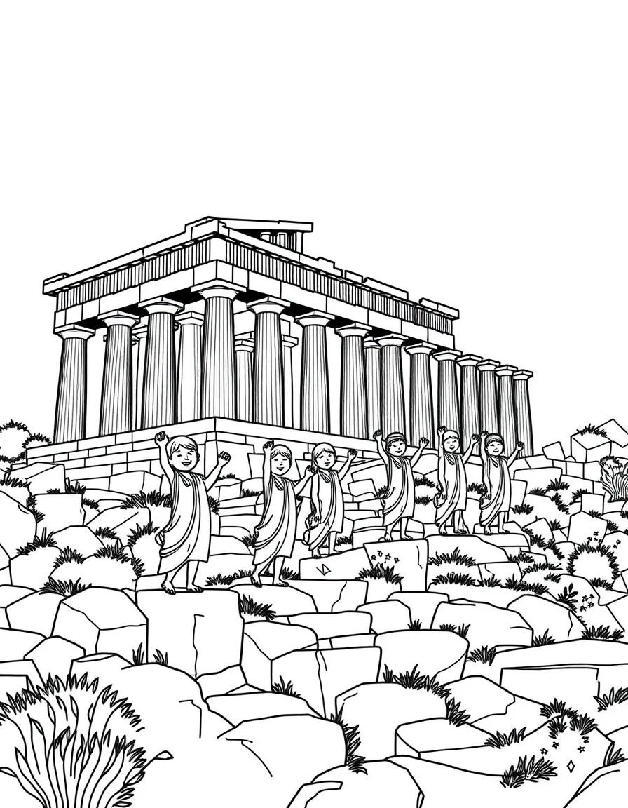 The Acropolis with happy little statues waving.