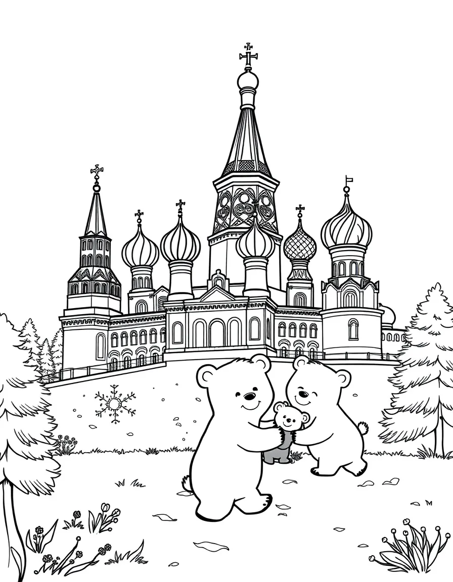 The Kremlin with happy little bears playing hide and seek.