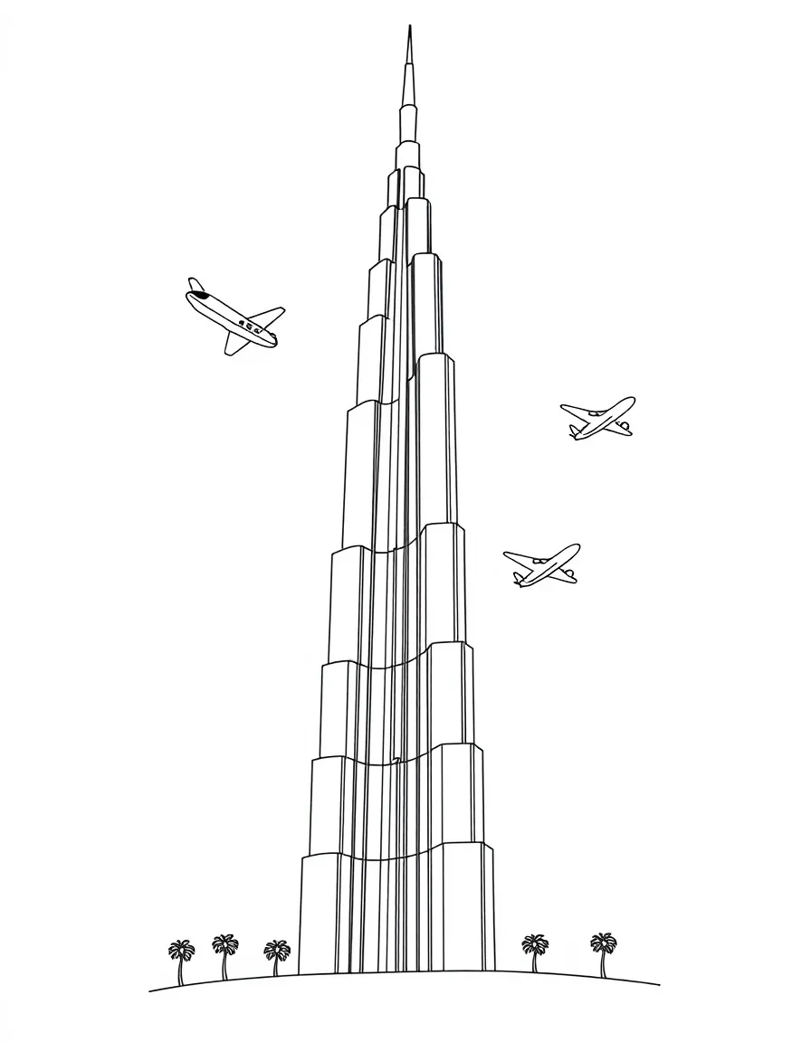 The Burj Khalifa with happy little airplanes flying in formation.