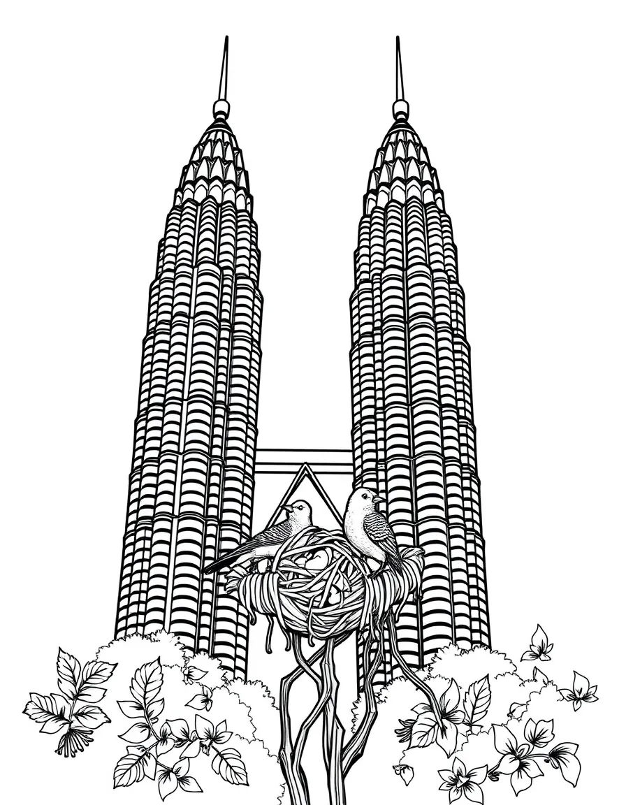 The Petronas Towers with happy little birds building giant nests.
