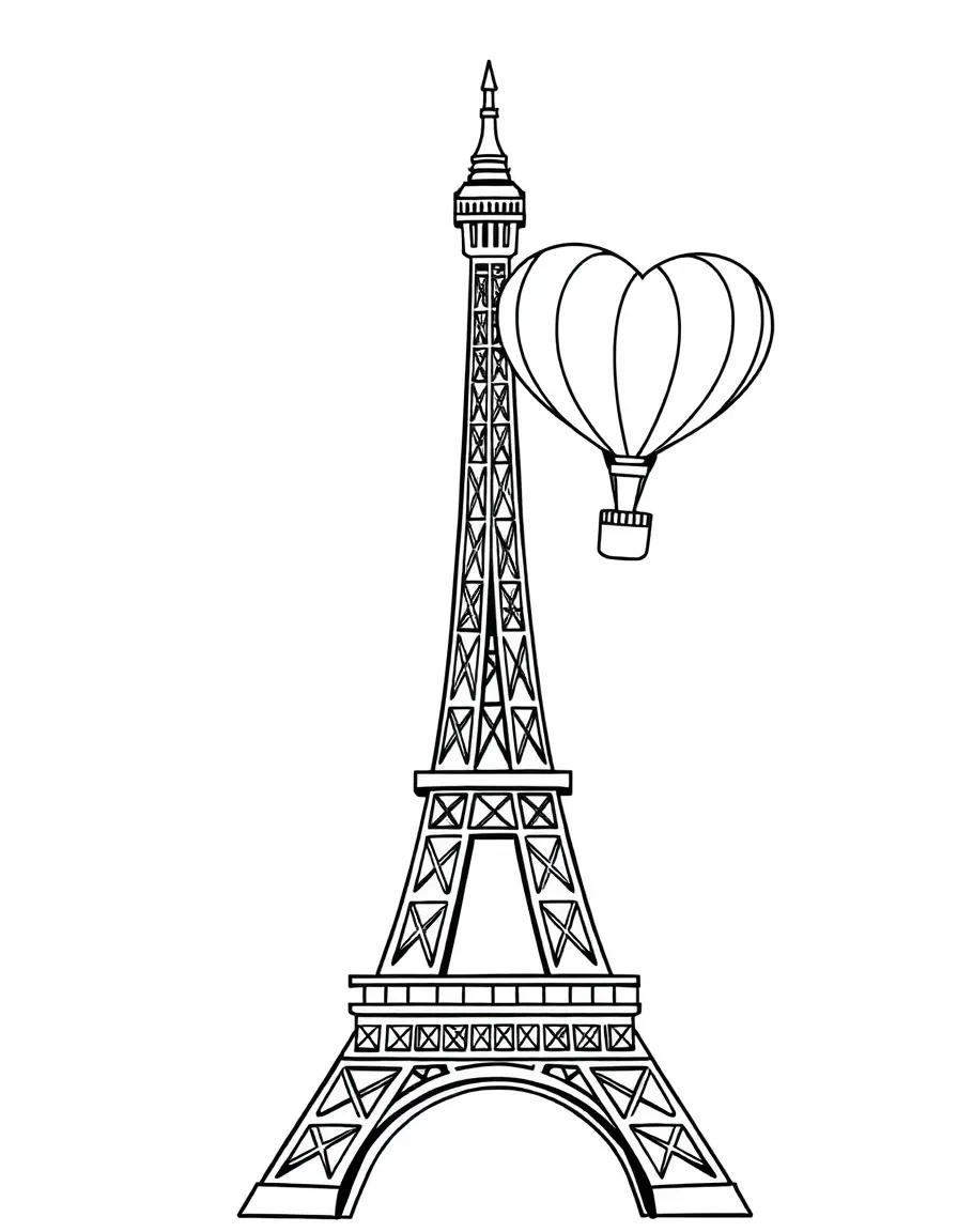 The Eiffel Tower with a happy little hot air balloon shaped like a heart.