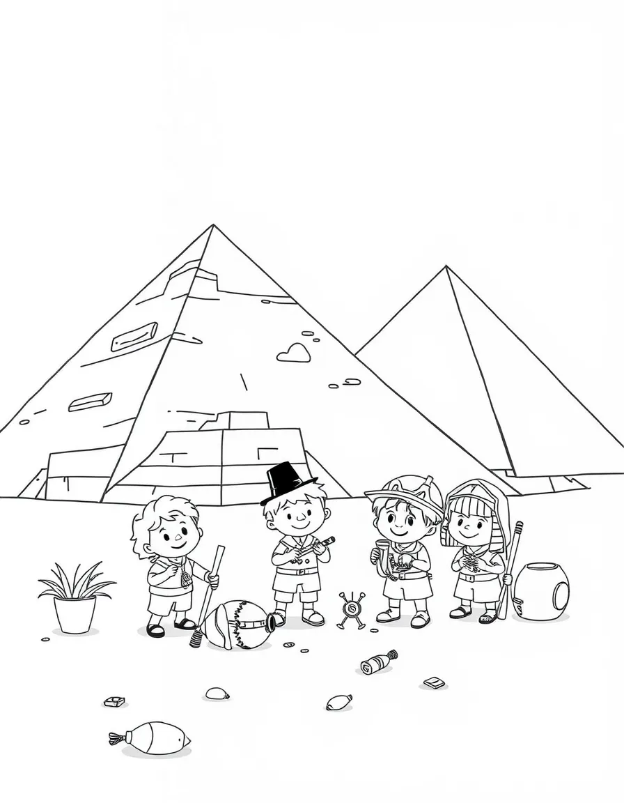 The pyramids of Egypt with happy little explorers finding silly artifacts.