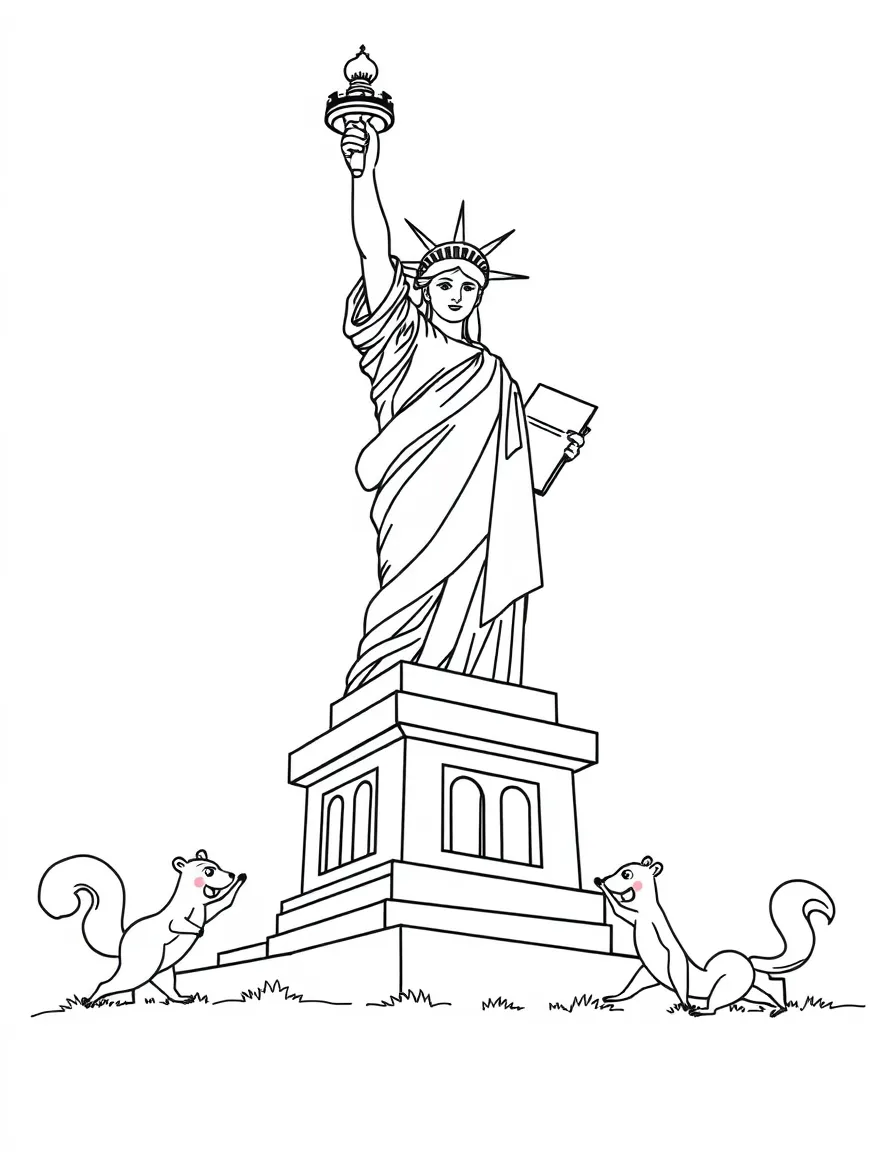 The Statue of Liberty with happy little squirrels playing tag.
