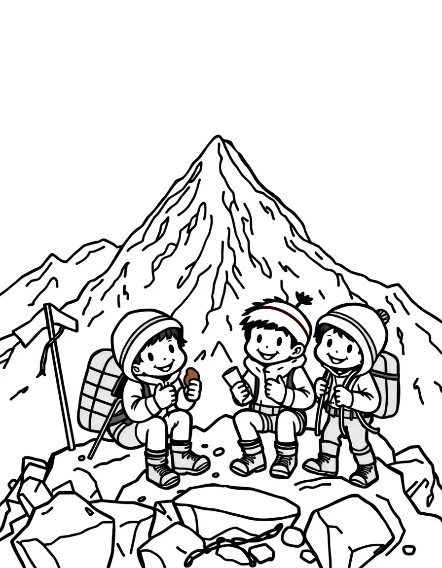 Mount Everest with happy little mountain climbers having a snack.