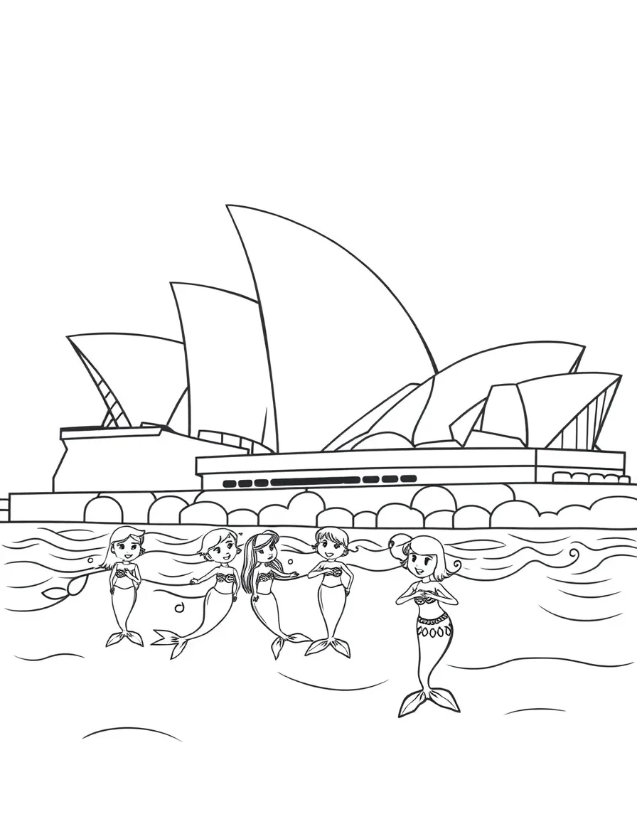 The Sydney Opera House with happy little mermaids singing songs.
