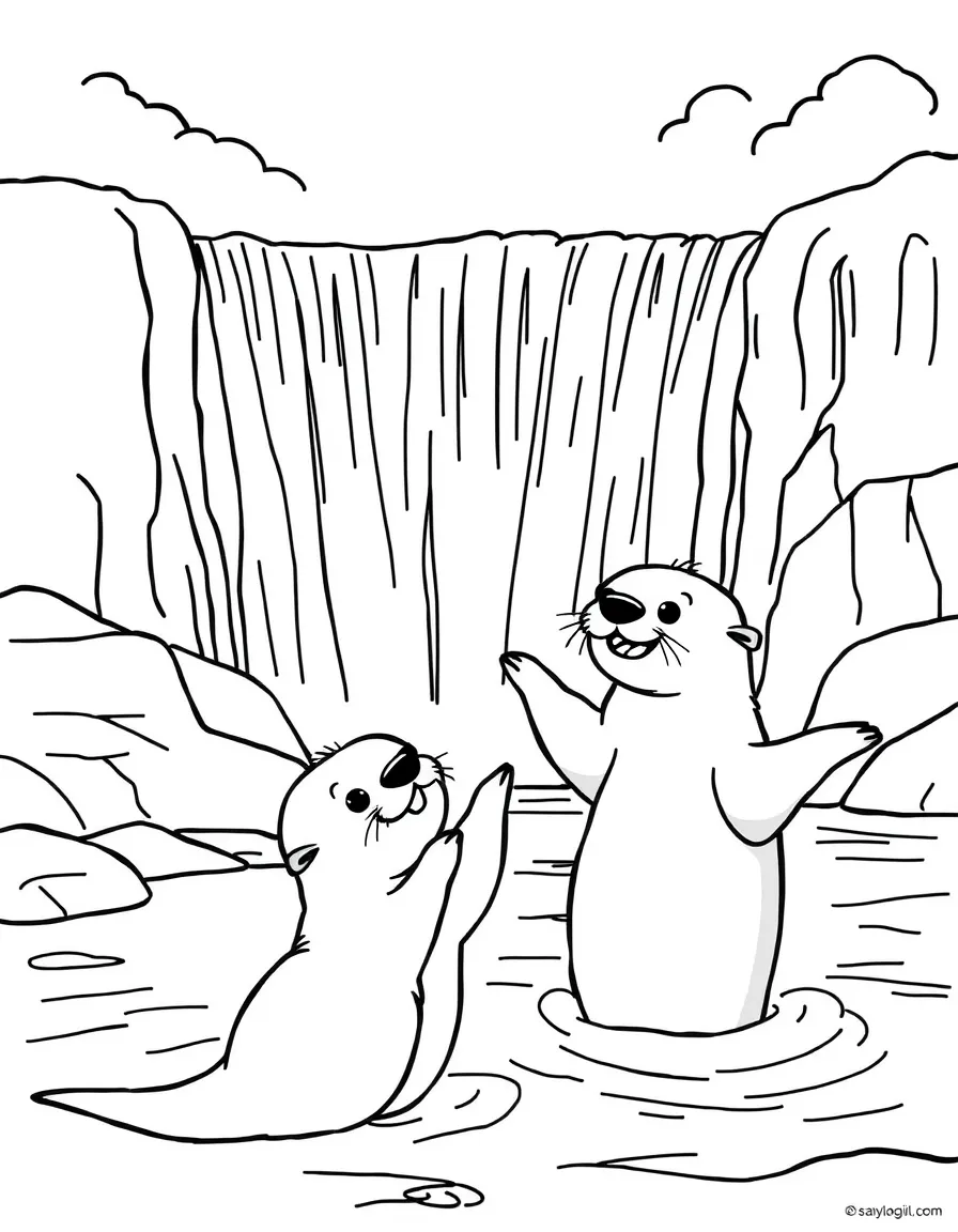 Niagara Falls with happy little otters performing tricks.