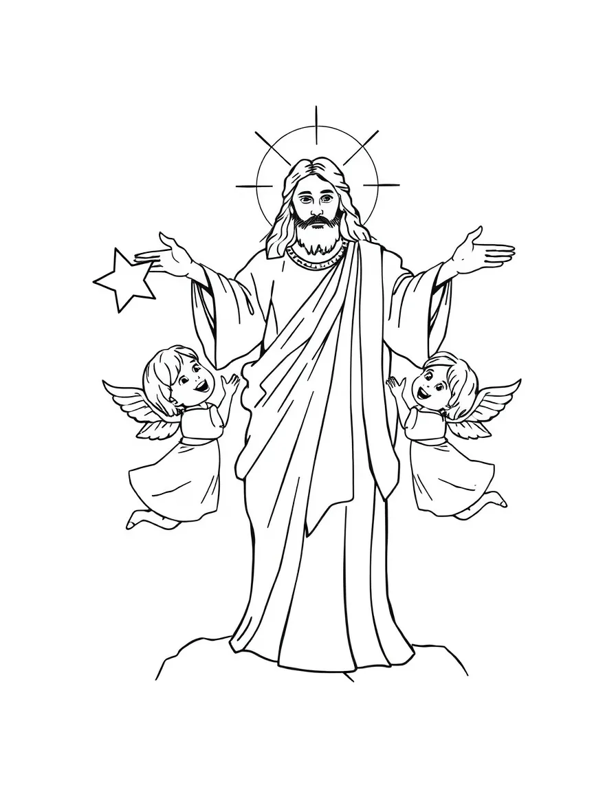 Christ the Redeemer with happy little angels painting stars.