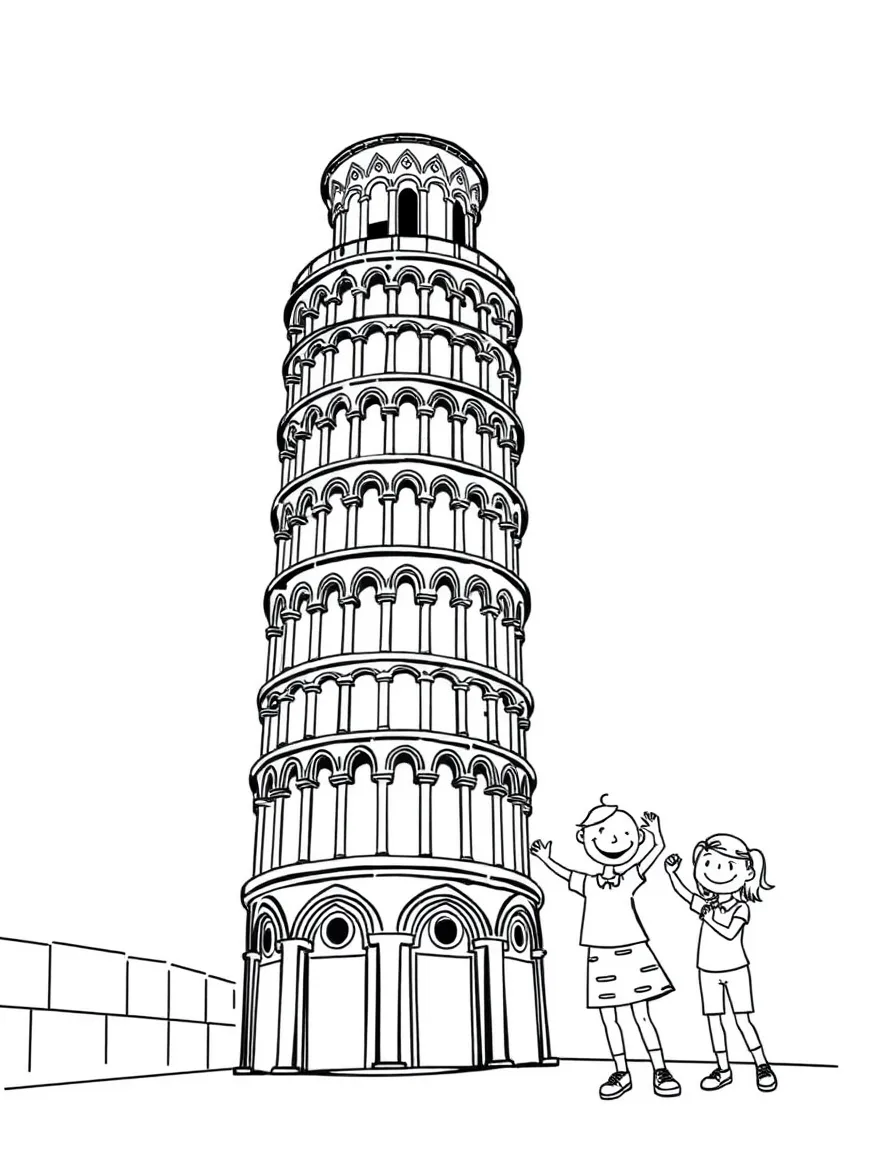 The Leaning Tower of Pisa with happy little people posing for funny pictures.
