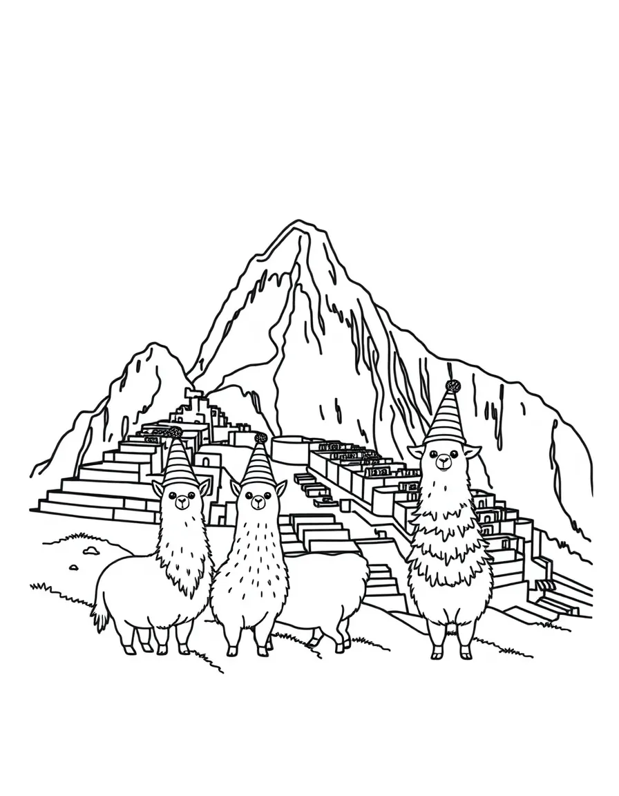 Machu Picchu with happy little llamas wearing silly hats.