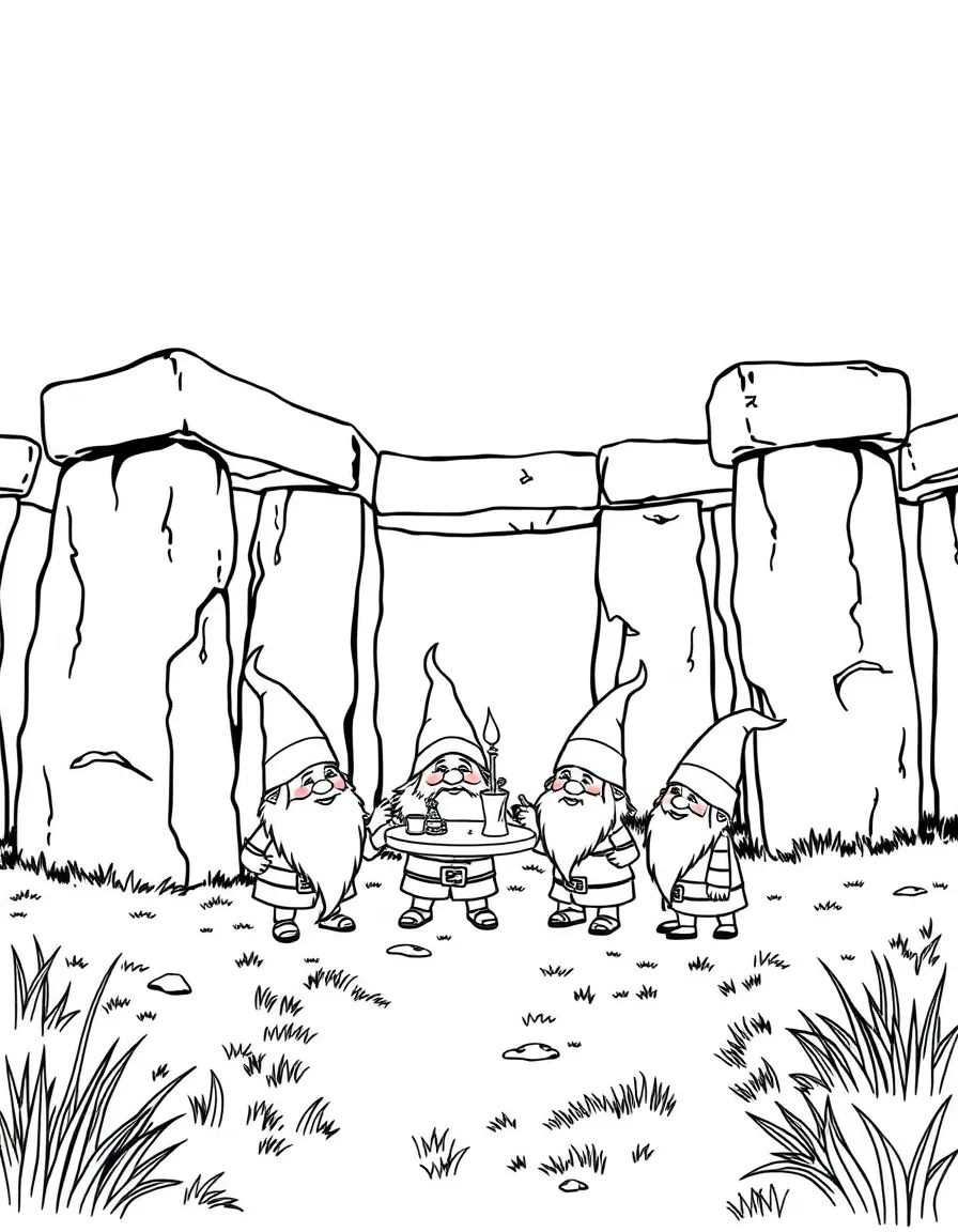 Stonehenge with happy little gnomes having a party.