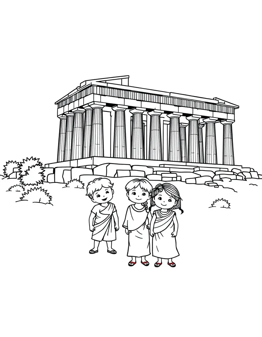 The Acropolis with happy little ancient Greek children drawing.
