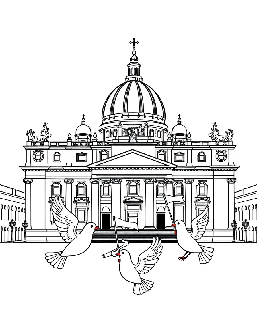 The Vatican City (St. Peter's Basilica) with happy little doves carrying tiny flags.