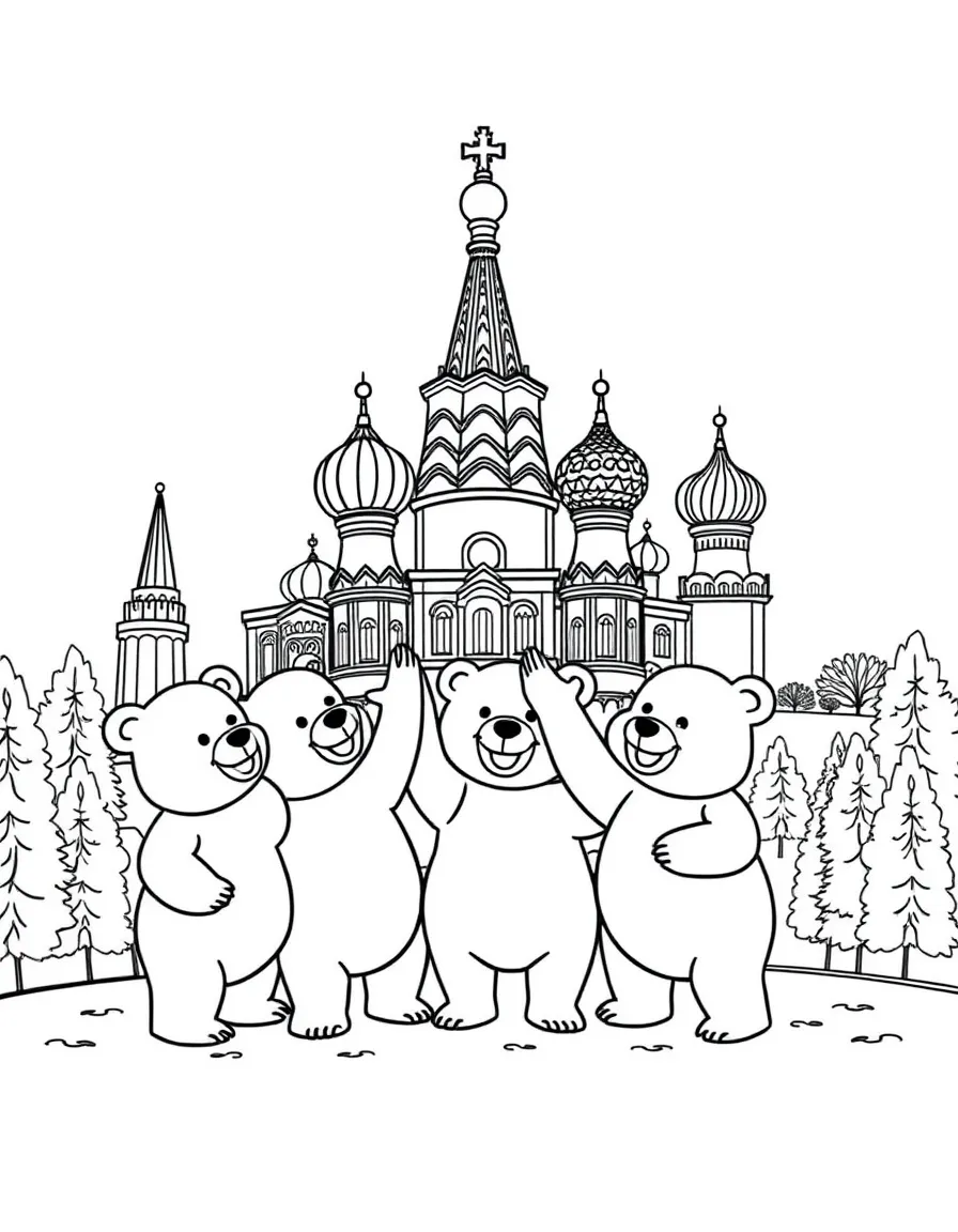 The Kremlin with happy little bears giving high fives.
