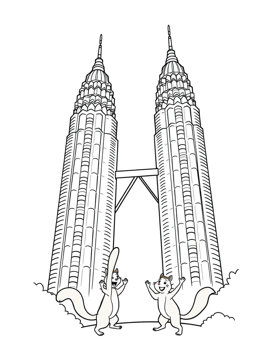 The Petronas Towers with happy little squirrels doing acrobatics.