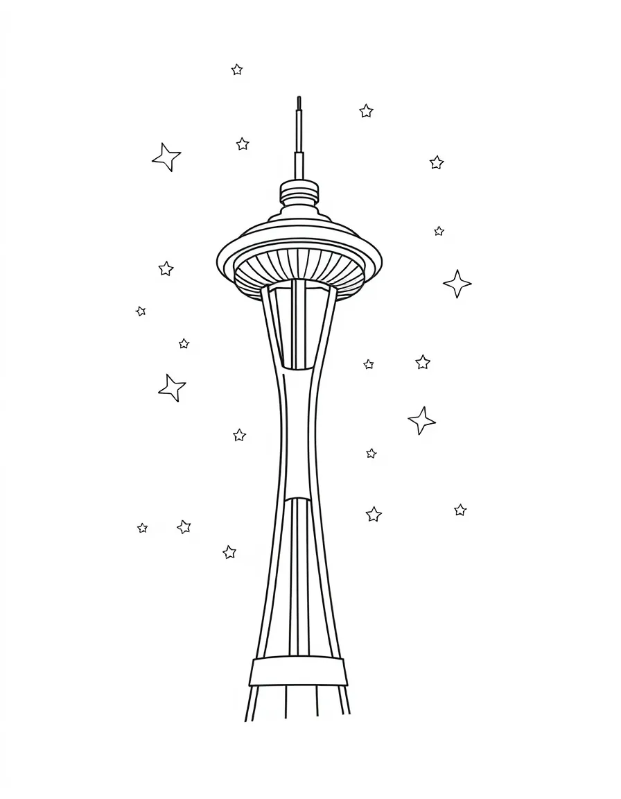 The Space Needle with happy little stars dancing.