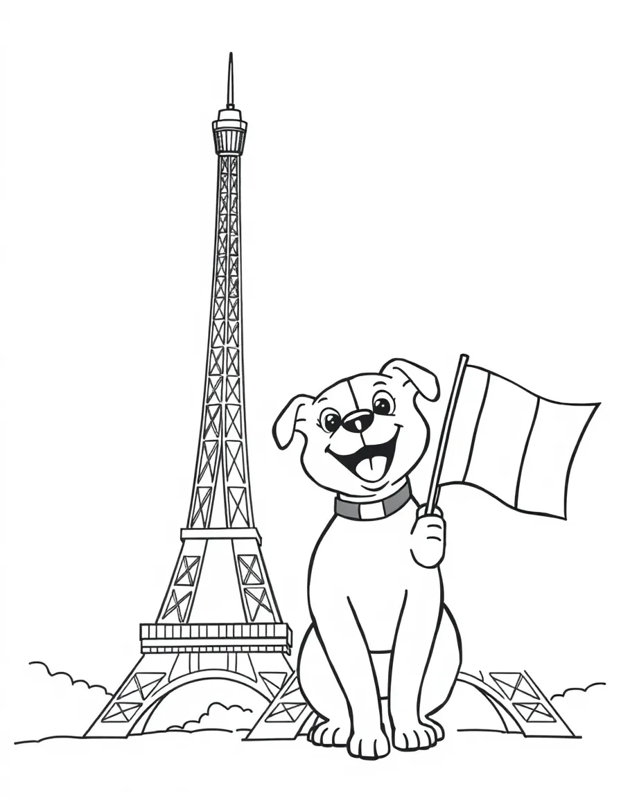 The Eiffel Tower with a happy little dog holding a French flag.
