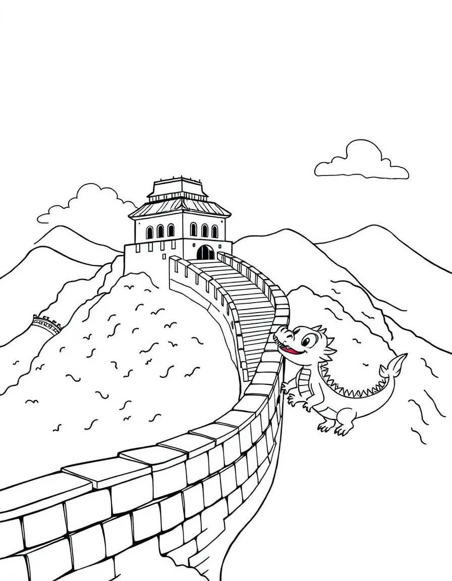 The Great Wall of China with happy little dragons playing catch.