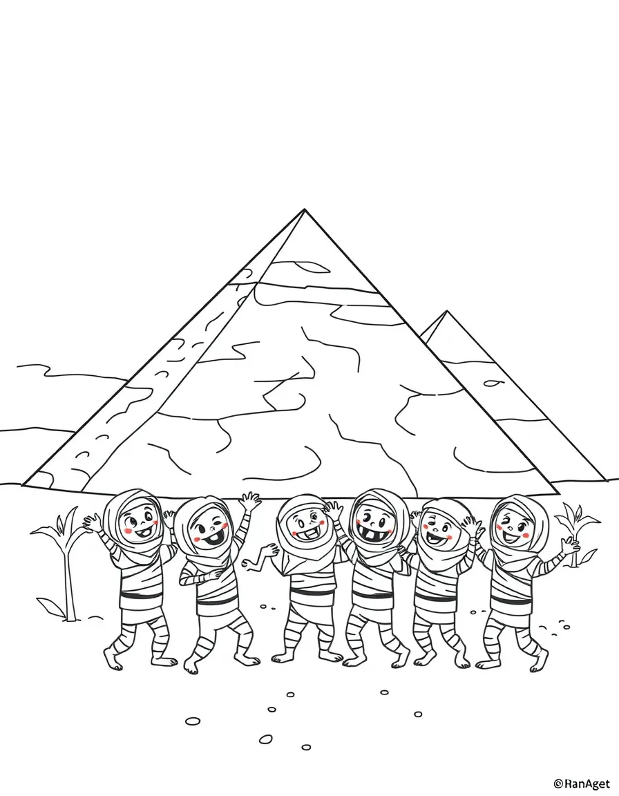 The pyramids of Egypt with happy little mummies having a dance party.