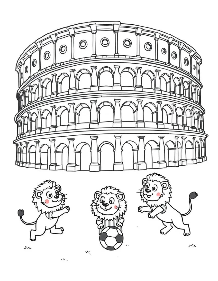 The Colosseum with happy little lions playing soccer.