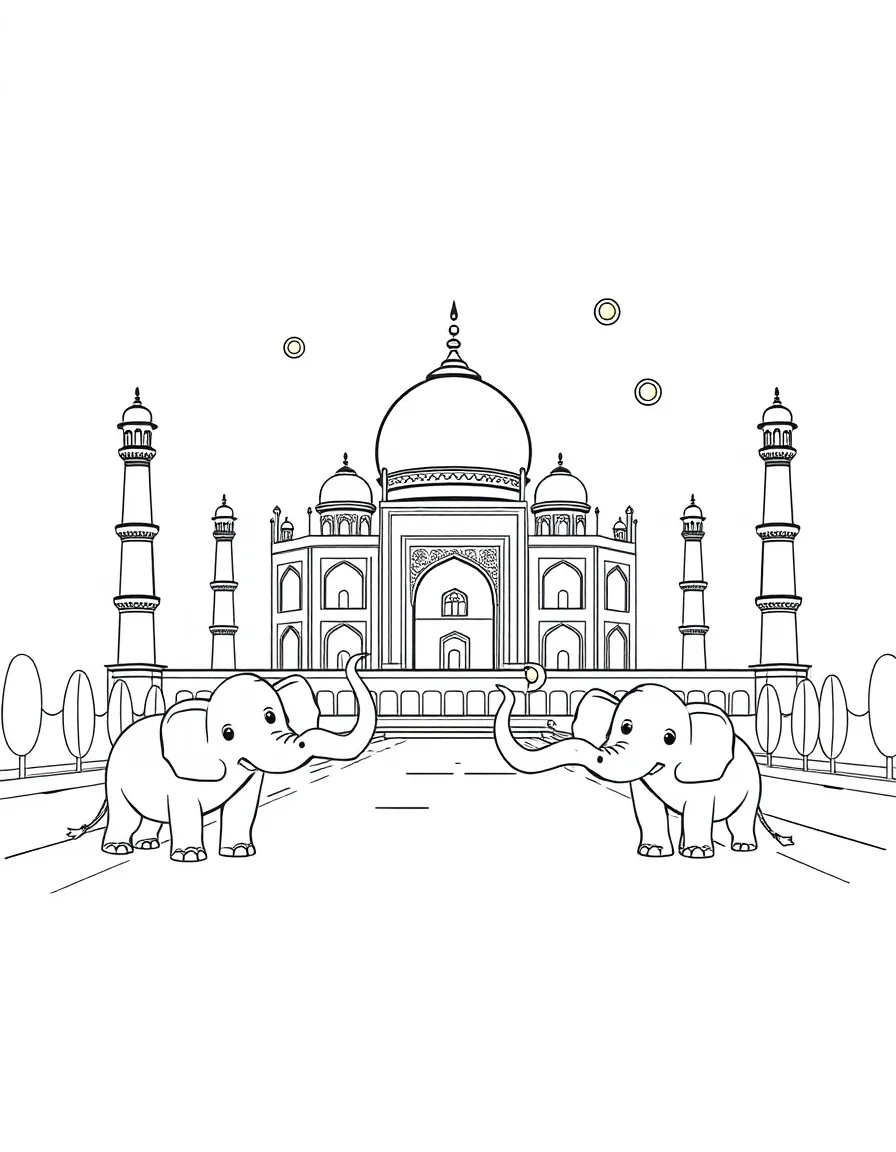 The Taj Mahal with happy little elephants blowing bubbles.