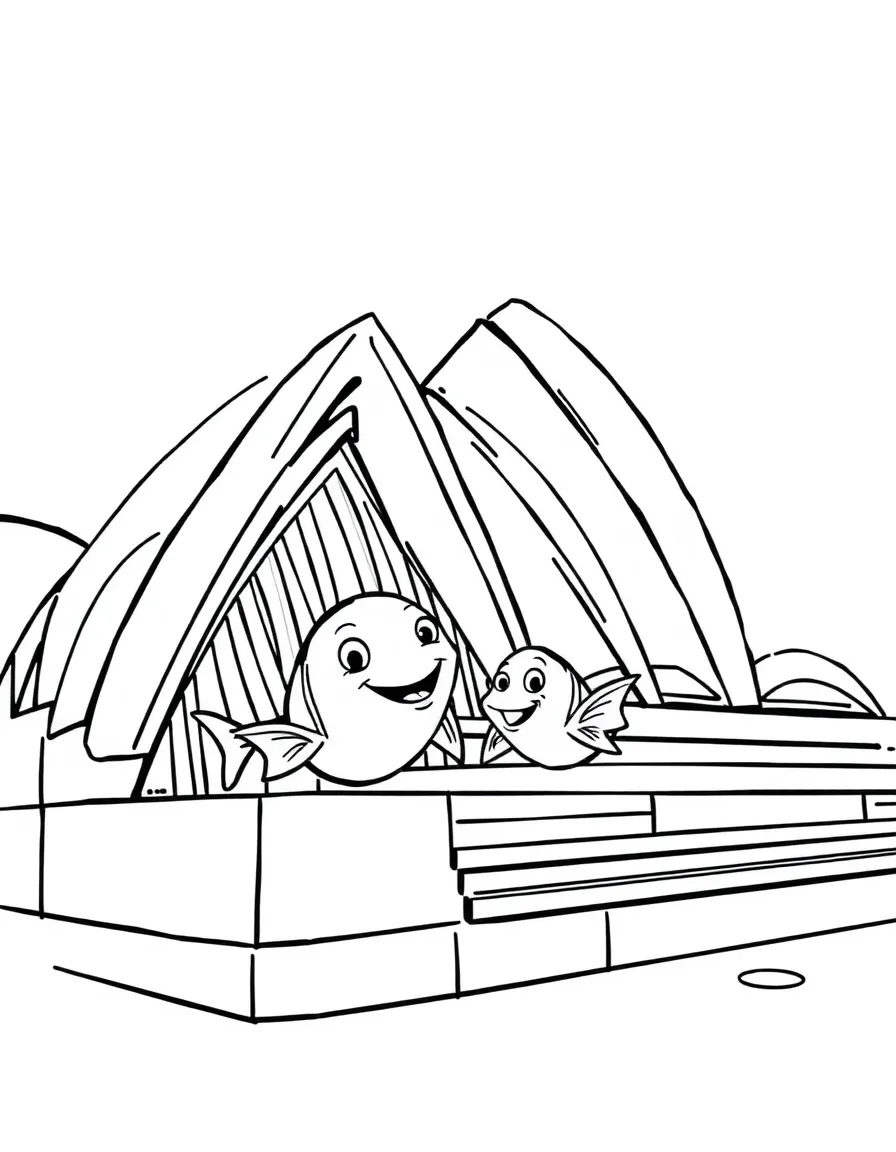 The Sydney Opera House with happy little fish putting on a show.
