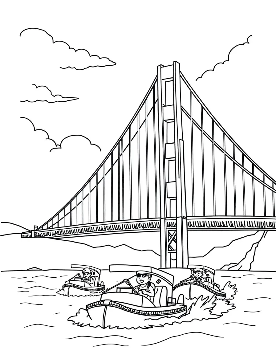 The Golden Gate Bridge with happy little boats having a race.