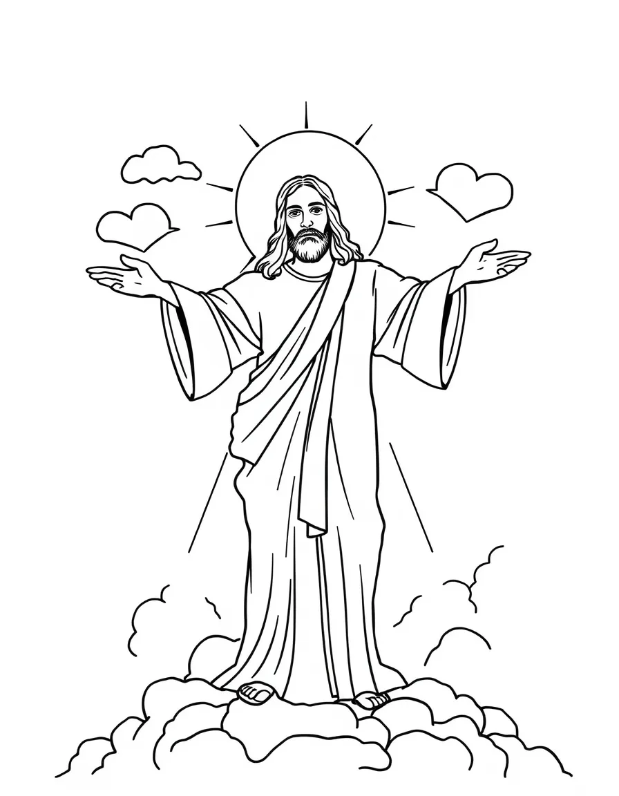 Christ the Redeemer with happy little clouds shaped like hearts.