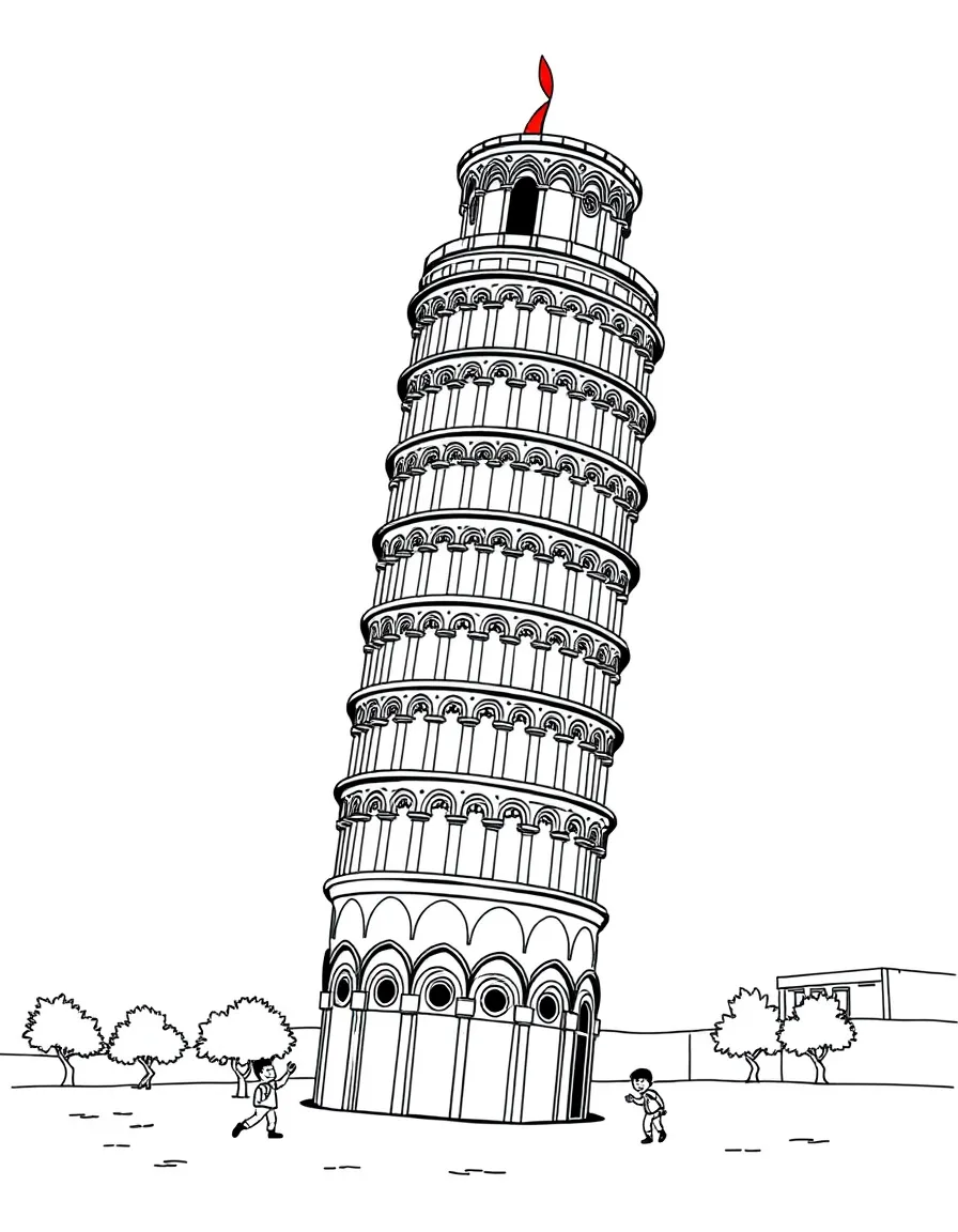 The Leaning Tower of Pisa with happy little characters trying to make it stand straight.