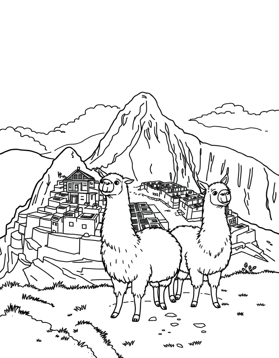 Machu Picchu with happy little llamas eating snacks.