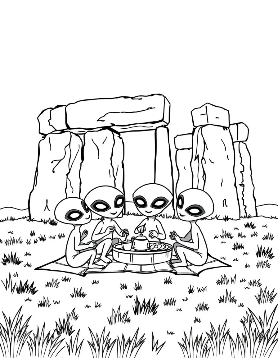 Stonehenge with happy little aliens having a picnic lunch.