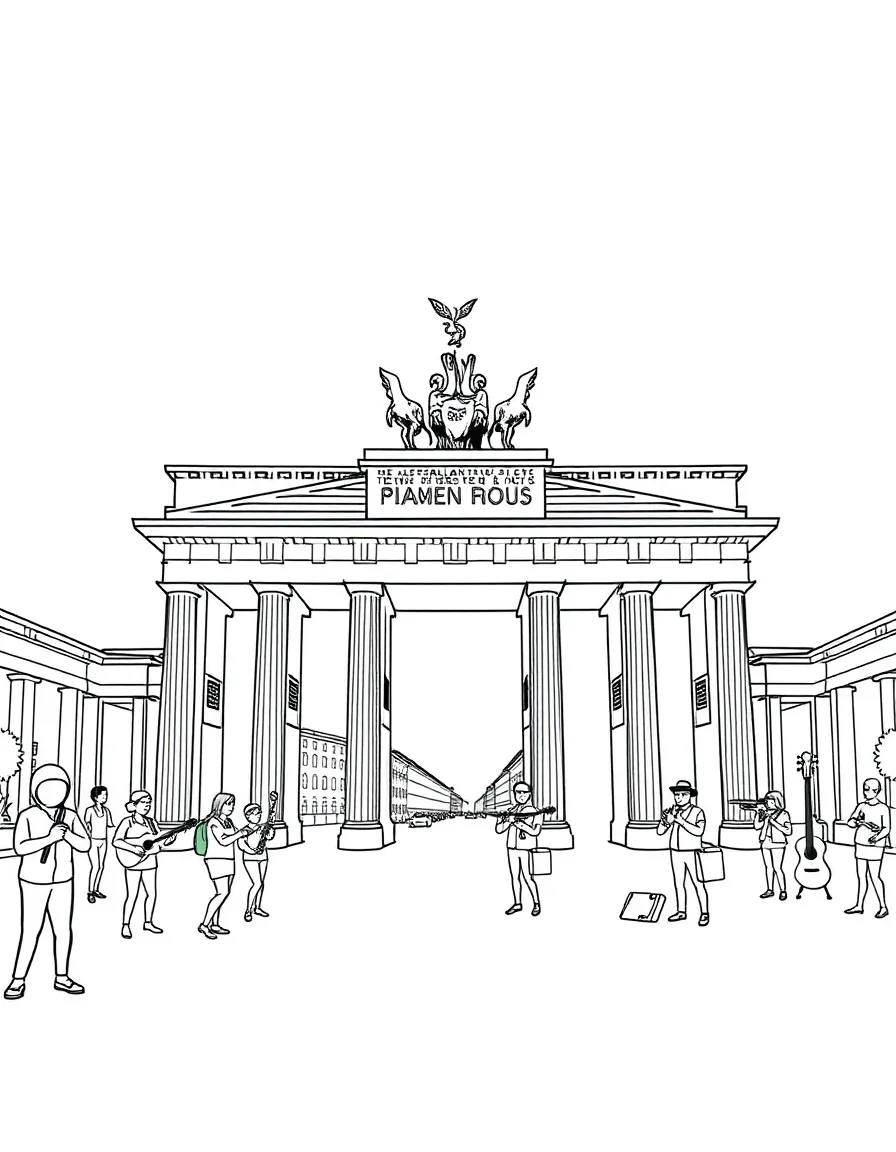 The Brandenburg Gate with happy little street performers playing music.