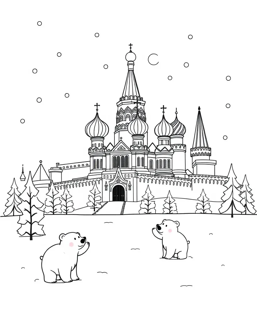 The Kremlin with happy little bears playing in the snow.