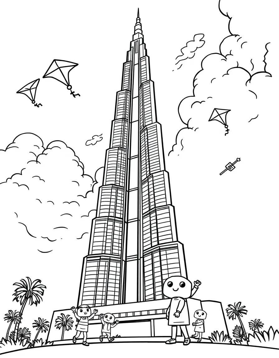 The Burj Khalifa with happy little robots flying kites.