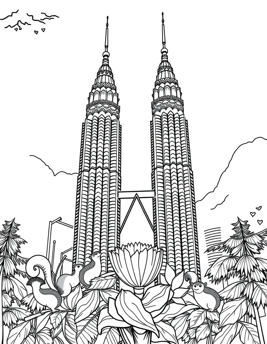 The Petronas Towers with happy little squirrels building giant nests.