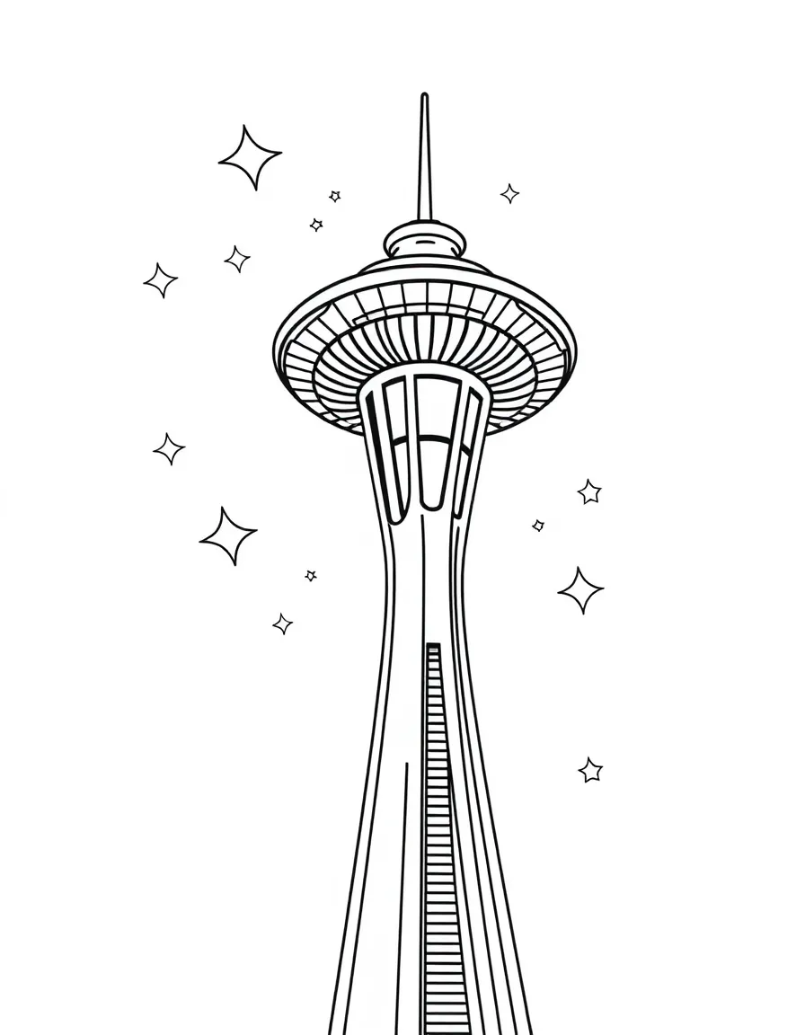 The Space Needle with happy little stars shining brightly.