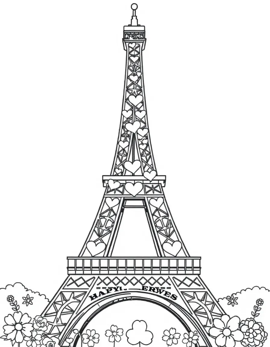 The Eiffel Tower covered in happy hearts and flowers.