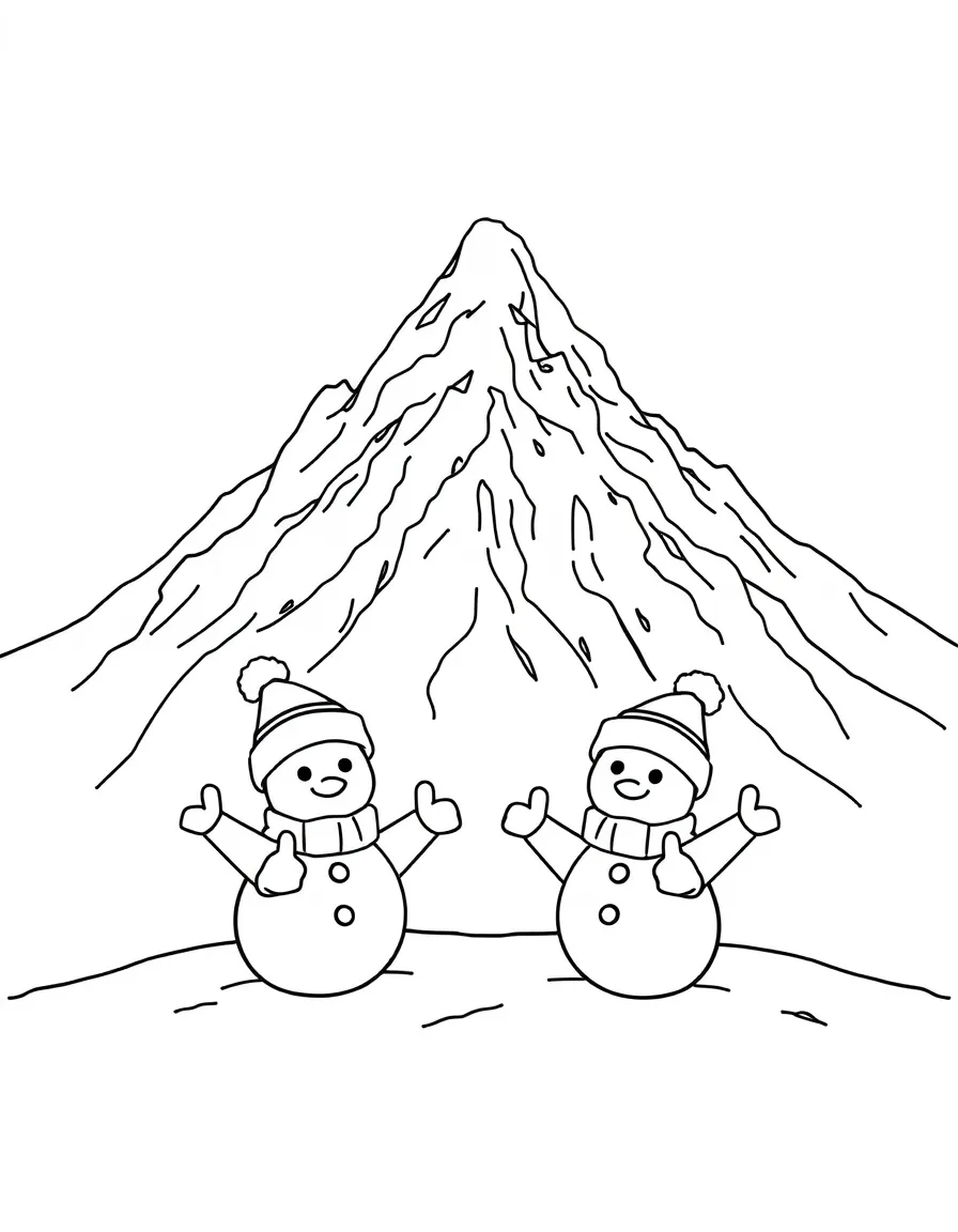 Mount Everest with happy little snowmen giving thumbs up.