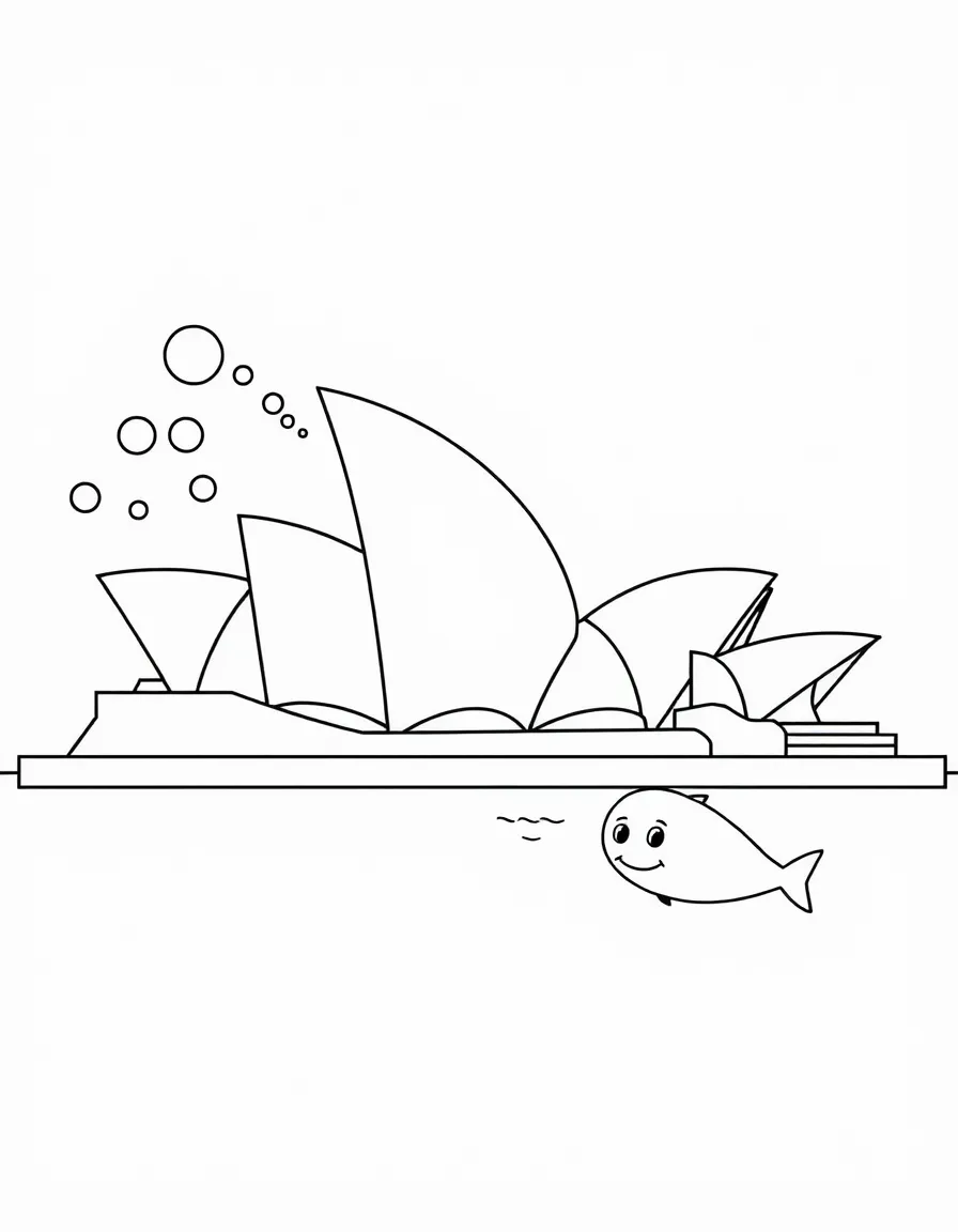 The Sydney Opera House with happy little fish blowing bubbles.